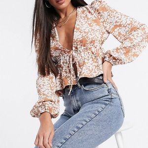 Crop Top Floral Blouse with Balloon Sleeves and Front Ties